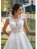 Scalloped V Neck Beaded White Lace Tulle Wedding Dress